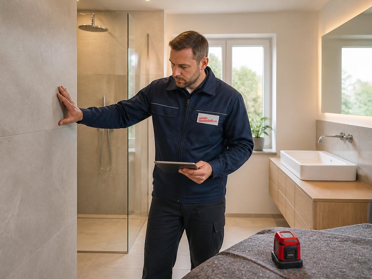 Fachkraft bei der Endkontrolle in einem modernisierten Bad mit bodengleicher Dusche (Visualisierung)