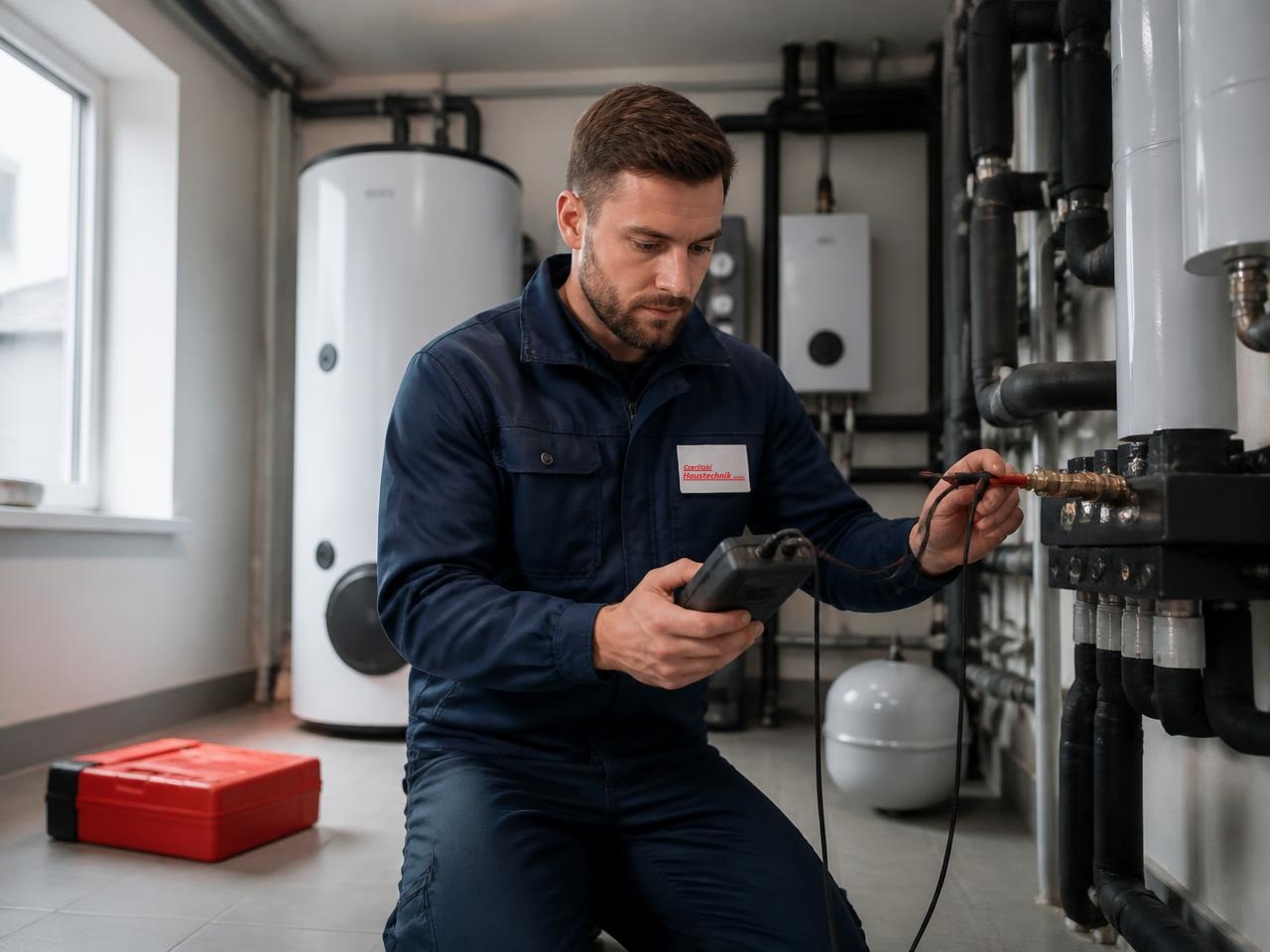 Fachkraft prüft die Regelung einer modernen Heizungsanlage im Technikraum (Visualisierung)