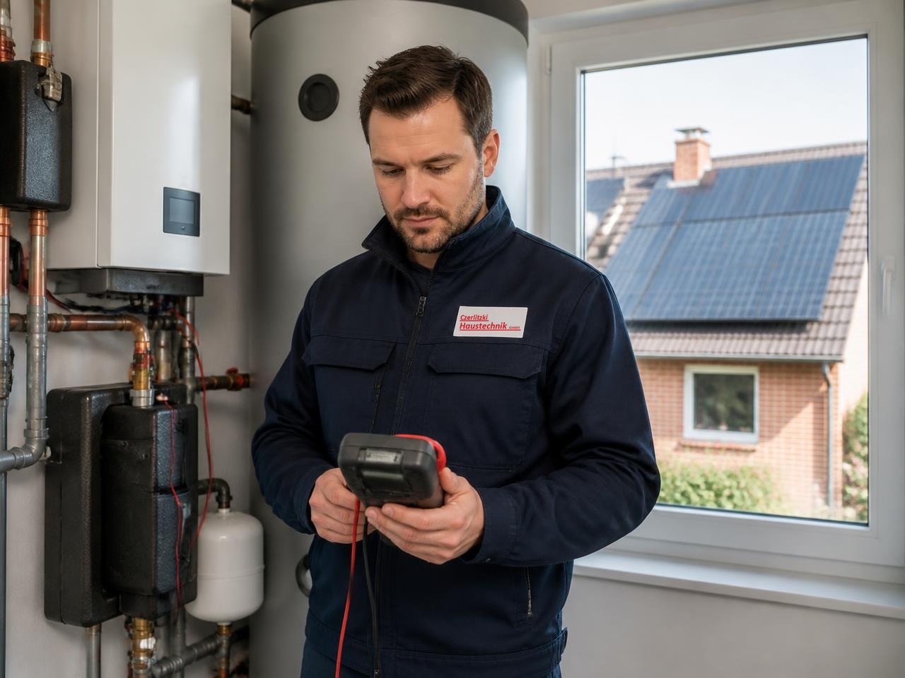 Fachkraft an einer Energieanlage, im Fenster sind Solarmodule auf einem Dach sichtbar (Visualisierung)